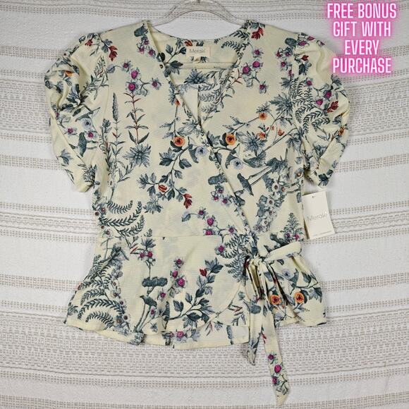 Meraki Pale Yellow Floral Wrap Blouse Top XL NWT - Picture 1 of 8